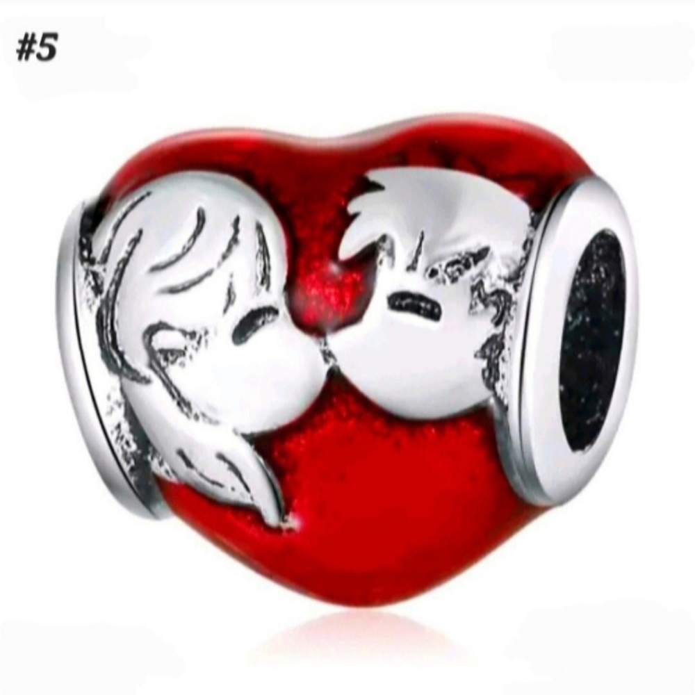 #5 Red Silver Boy & Girl Young Love Kissing Enamel Heart Charm